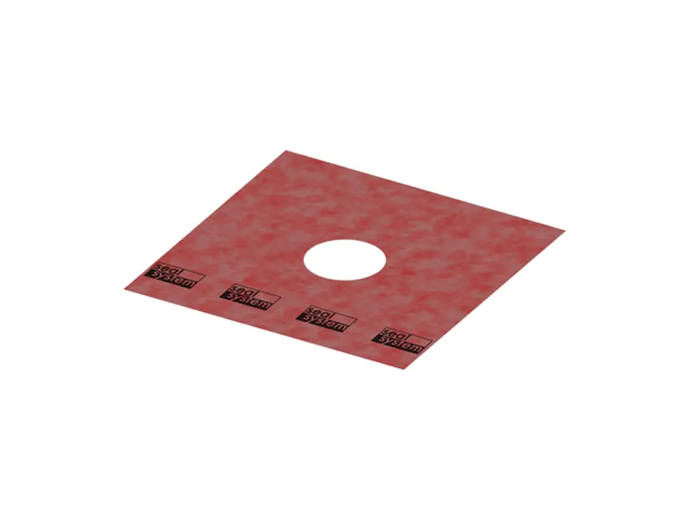 Rotes Dichtungsblatt mit zentralem Loch und "TECE" Logo in der Ecke, geeignet für Abdichtungen.